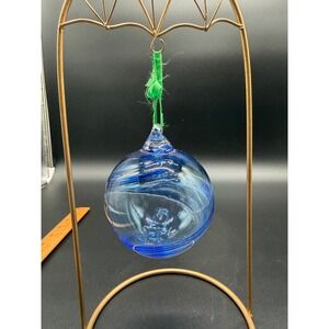Hand Blown Glass Friendship Ball Ornament Cobalt Blue Swirl Art Glass Suncatcher